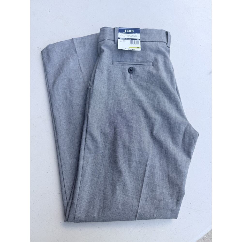 IZOD Boy's Stretch Flat Front Dress Pant, Light grey, Sz 14 NWT